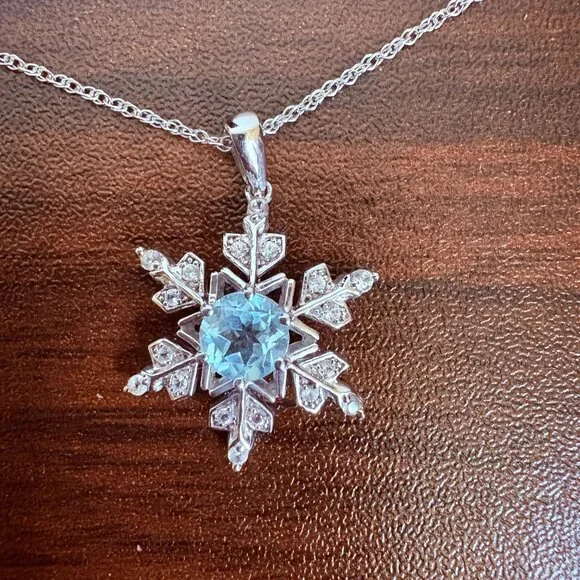 Snowflake Pendant 18" Necklace Simulated Blue & White Topaz 925 Sterling Silver - Picture 9 of 9